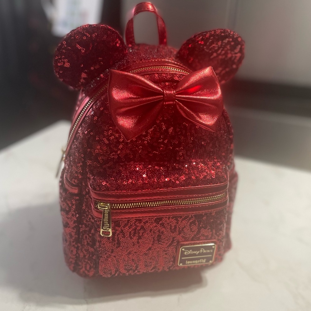 Disney Parks Loungefly Minnie Mouse red sequin mini backpack